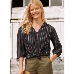 Garnet Hill Artful-Weave Tie-Sleeve Blouse Black Striped Size 10